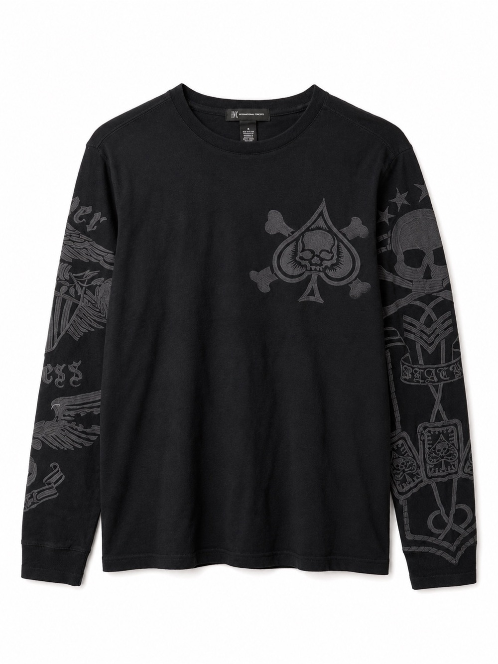INC International Concepts Black Long-Sleeve Graphic Tee with Skull & Spade